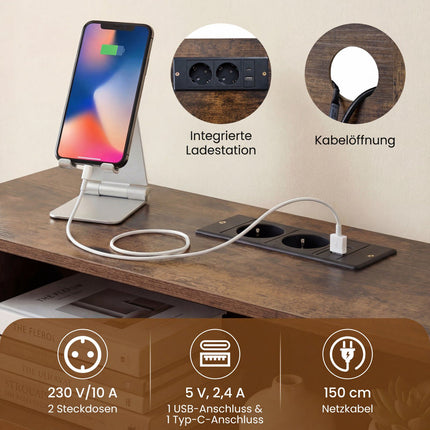Konsoles galdiņš ar LED apgaismojumu un uzlādes staciju, 3 līmeņi, rustikāli brūns