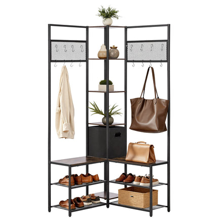 Corner Hall Tree With Shoe Bench, Hooks, Steel Frame