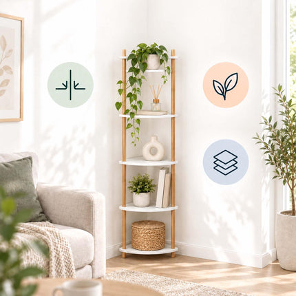 Corner Shelf 5 Tiers, Bamboo Legs and MDF Shelves – White, 143.5 cm High