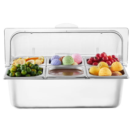 Countertop Condiment Server, 6-Pan Stainless, Clear Lid