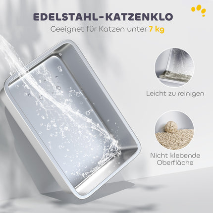 Pārklāta kaķu pakaišu kaste ar nerūsējošā tērauda paplāti un kausiņu