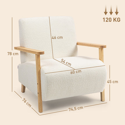 Krēmkrāsas šerpu atpūtas krēsls, polsterēts, koka kājas, celtspēja 120 kg