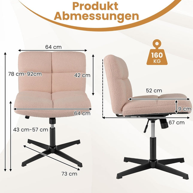 Biroja krēsls ar sakrustotām kājām, rozā mākslīgā kažokāda, ergonomisks dizains