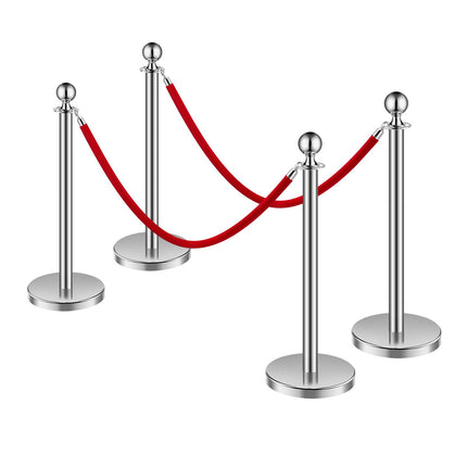 Crowd Control Stanchion Set, 4 Posts, 2 Velvet Ropes, 5 ft