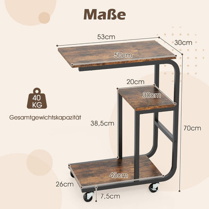 C-shaped side table with open shelves and lockable wheels. Space-saving sofa table