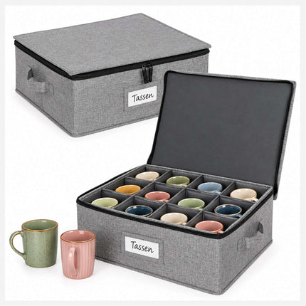 Cup Storage Box for 12 Cups with Dividers, Set of 2, Grey