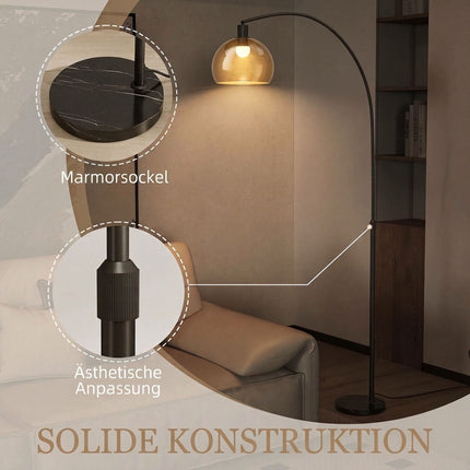 Curved Floor Lamp with Marble Base and Foot Switch, E27, 180 cm, Grey, Black