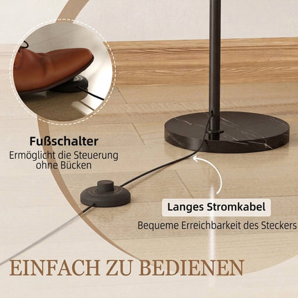 Curved Floor Lamp with Marble Base and Foot Switch, E27, 180 cm, Grey, Black