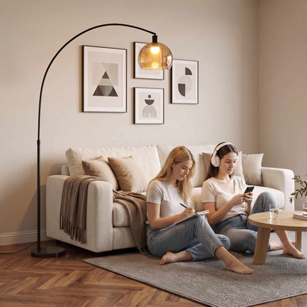 Curved Floor Lamp with Marble Base and Foot Switch, E27, 180 cm, Grey, Black
