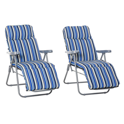 Atpūtas krēslu komplekts ar 2 sauļošanās krēsliem un spilveniem, saliekams, regulējama atzveltne, tērauds + poliesters, zils, 60x75x65-102 cm