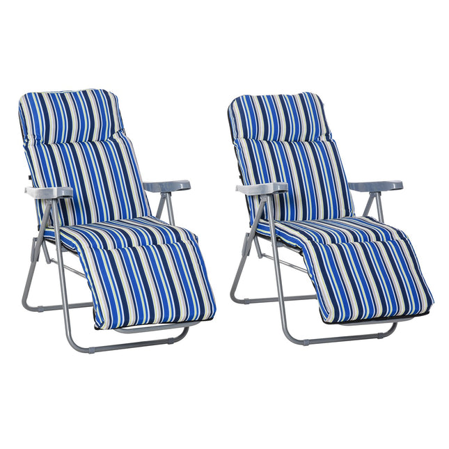 Atpūtas krēslu komplekts ar 2 sauļošanās krēsliem un spilveniem, saliekams, regulējama atzveltne, tērauds + poliesters, zils, 60x75x65-102 cm