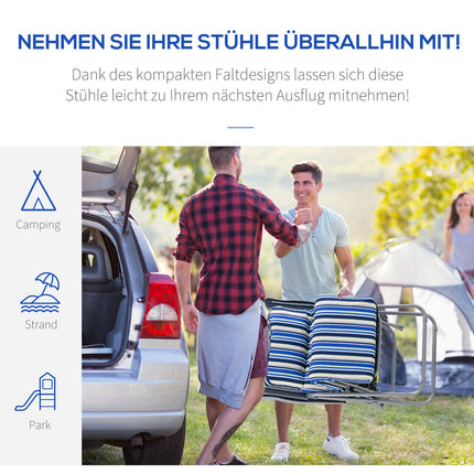 Atpūtas krēslu komplekts ar 2 sauļošanās krēsliem un spilveniem, saliekams, regulējama atzveltne, tērauds + poliesters, zils, 60x75x65-102 cm