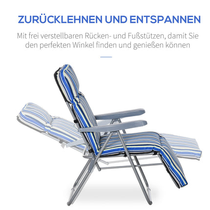 Atpūtas krēslu komplekts ar 2 sauļošanās krēsliem un spilveniem, saliekams, regulējama atzveltne, tērauds + poliesters, zils, 60x75x65-102 cm