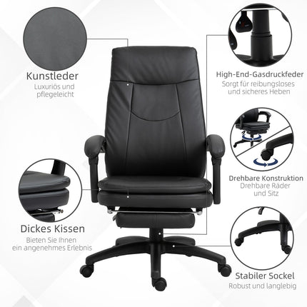 Rakstāmgalda krēsls, ergonomisks biroja krēsls, vadītāja krēsls ar kāju balstu, polsterēta atzveltne, melns, 64x64x112-120 cm