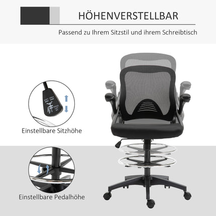 Rakstāmgalda krēsls, ergonomisks biroja krēsls, grozāms krēsls, 360°, regulējams kāju gredzens, celtspēja līdz 120 kg, siets, melns, 106-126 cm