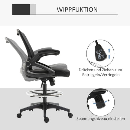 Rakstāmgalda krēsls, ergonomisks biroja krēsls, grozāms krēsls, 360°, regulējams kāju gredzens, celtspēja līdz 120 kg, siets, melns, 106-126 cm