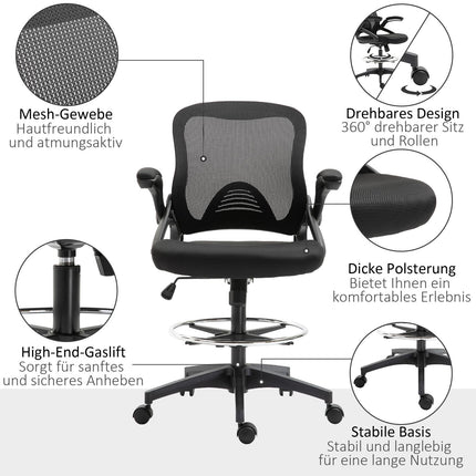 Rakstāmgalda krēsls, ergonomisks biroja krēsls, grozāms krēsls, 360°, regulējams kāju gredzens, celtspēja līdz 120 kg, siets, melns, 106-126 cm
