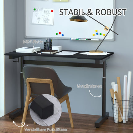 Rakstāmgalds, datorgalds, regulējams augstums, rokas kloķa pacelšanas mehānisms, stāvgalds, regulējami kāju balsti, MDF, metāls, melns, 120 x 60 x 72-117 cm