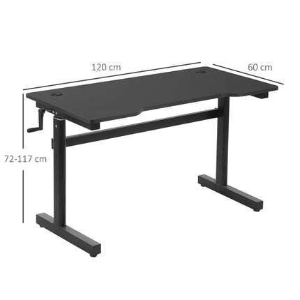 Rakstāmgalds, datorgalds, regulējams augstums, rokas kloķa pacelšanas mehānisms, stāvgalds, regulējami kāju balsti, MDF, metāls, melns, 120 x 60 x 72-117 cm