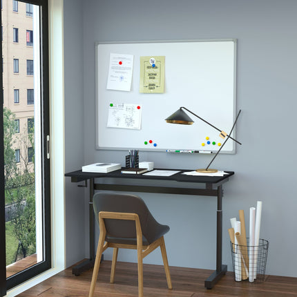 Rakstāmgalds, datorgalds, regulējams augstums, rokas kloķa pacelšanas mehānisms, stāvgalds, regulējami kāju balsti, MDF, metāls, melns, 120 x 60 x 72-117 cm