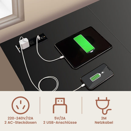 Rakstāmgalds L-veida stūra rakstāmgalds ar rozetēm un USB portiem, 120 x 120 x 75 cm, melns