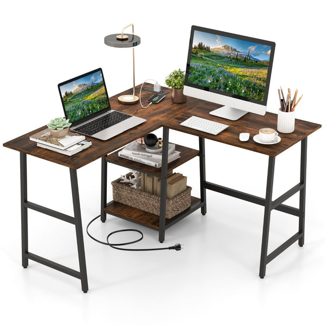 Rakstāmgalds L-veida stūra rakstāmgalds ar rozetēm un USB portiem, 120 x 120 x 75 cm, rustikāli brūns
