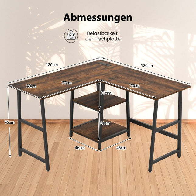 Rakstāmgalds L-veida stūra rakstāmgalds ar rozetēm un USB portiem, 120 x 120 x 75 cm, rustikāli brūns
