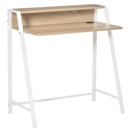 Rakstāmgalds Moderns datorgalds ar uzglabāšanas nodalījumu un kabeļu kanālu, metāla rāmis, balts + ozols, 84x45x85cm