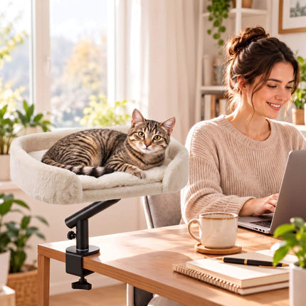 Desk Mounted Cat Bed with Clamp and Reversible Cushion, Cream, Up to 25 kg