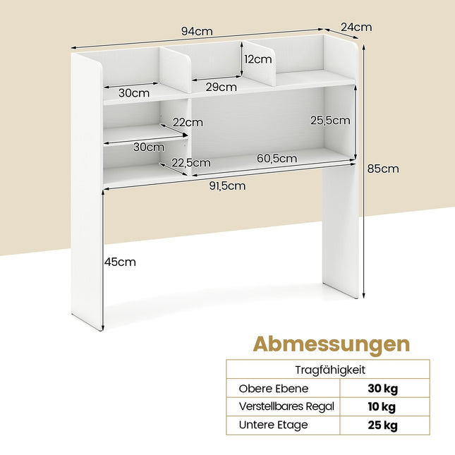 Desk Shelf Organizer with 6 Shelves, Adjustable, White