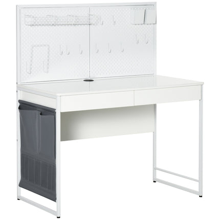 Rakstāmgalds ar auduma maisiņu, datorgalds, 2 atvilktnes, piezīmju režģis, sienas āķi, tērauda skaidu plāksne, balts + pelēks, 110x58,5x127 cm