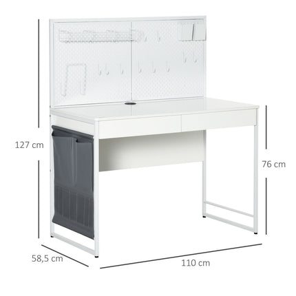 Rakstāmgalds ar auduma maisiņu, datorgalds, 2 atvilktnes, piezīmju režģis, sienas āķi, tērauda skaidu plāksne, balts + pelēks, 110x58,5x127 cm
