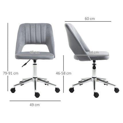 Rakstāmgalda krēsls, mājas biroja krēsls ar regulējamu augstumu bez roku balstiem, rotējošs biroja krēsls ar samta izskatu, ergonomisks kosmētikas krēsls guļamistabai, kabinetam, tumši pelēks