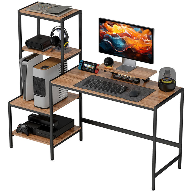 Rakstāmgalds datoram ar monitora statīvu, centrālā procesora statīvs, biroja galds ar printera plauktu, datora galds ar 4 plauktiem, moderns dizains mājas birojam, 150 x 48 x 125 cm, brūns