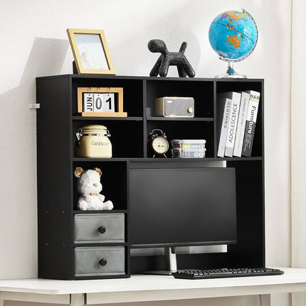 Desktop Bookshelf Hutch, 3-Tier, 2 Fabric Drawers, Black