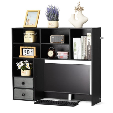 Desktop Bookshelf Hutch, 3-Tier, 2 Fabric Drawers, Black