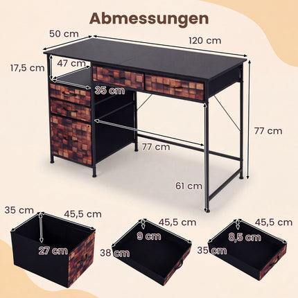 Rakstāmgalds ar 5 auduma atvilktnēm un plauktu - brūns, 120x50 cm