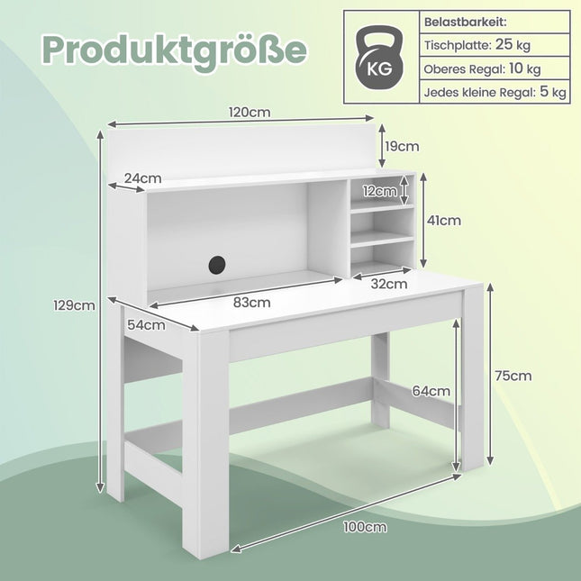 Rakstāmgalds ar grāmatu plauktu un kabeļu organizēšanas caurumiem 120 x 54 x 129 cm, balts