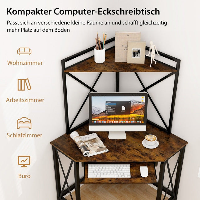 Rakstāmgalds ar uzlādes staciju, stūra datorgalds ar tastatūras plauktu un 2 plauktiem, 113 x 75 x 145 cm, rustikāli brūns + melns