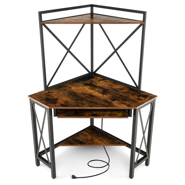 Rakstāmgalds ar uzlādes staciju, stūra datorgalds ar tastatūras plauktu un 2 plauktiem, 113 x 75 x 145 cm, rustikāli brūns + melns