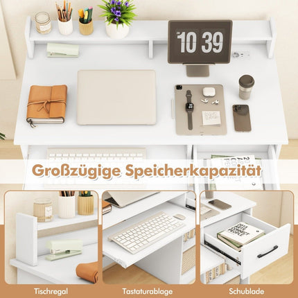 Galds ar uzlādes staciju, tastatūras paliktni, atvilktni un regulējamu plauktu, balts 105 x 55 x 89 cm