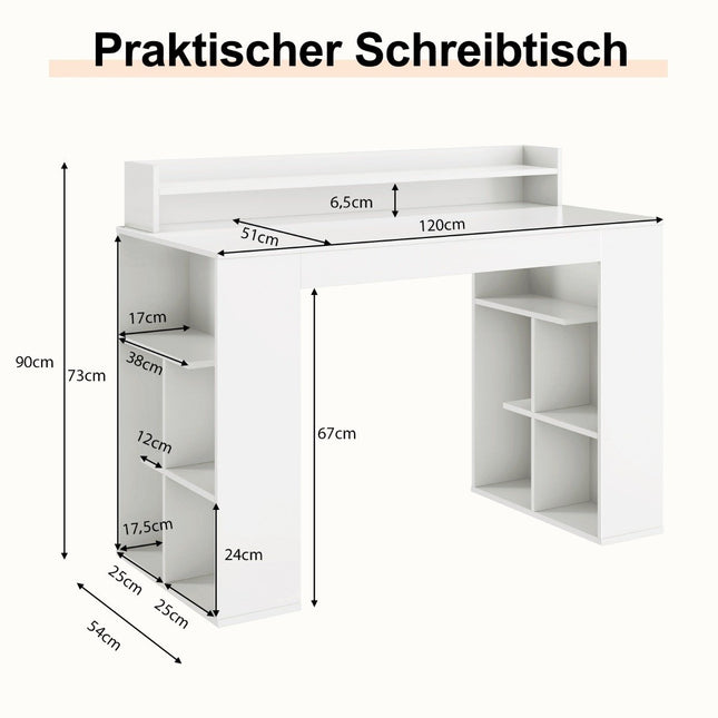 Rakstāmgalds ar monitora plauktu un 2 grāmatu plauktiem, datorgalds, 120 x 54 x 90 cm, balts
