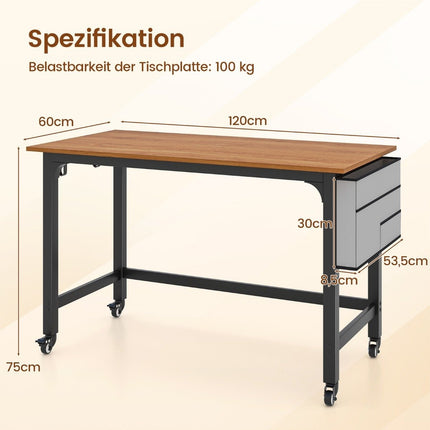 Rakstāmgalds ar riteņiem, datorgalds ar noņemamu auduma somu un austiņu āķi, 120 x 60 x 75 cm, dabīgs