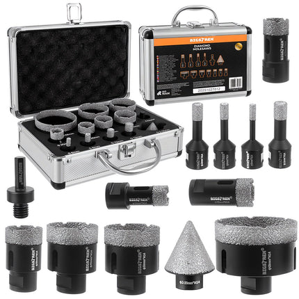 Dimanta caurumzāģu komplekts, 13 daļas, 6-68 mm, M14 vītne