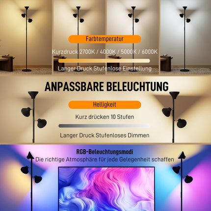 Regulējama grīdas lampa ar lasāmgaismu, RGB, tālvadības pults