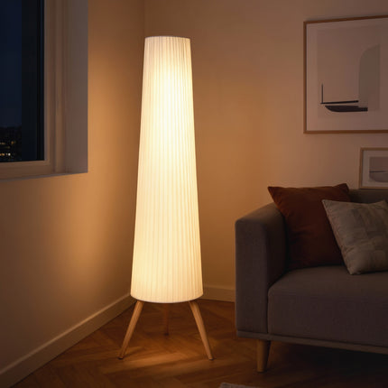 Regulējama LED grīdas lampa, koka statīvs, kājas slēdzis, balta