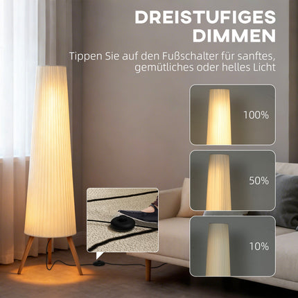 Regulējama LED grīdas lampa, koka statīvs, kājas slēdzis, balta