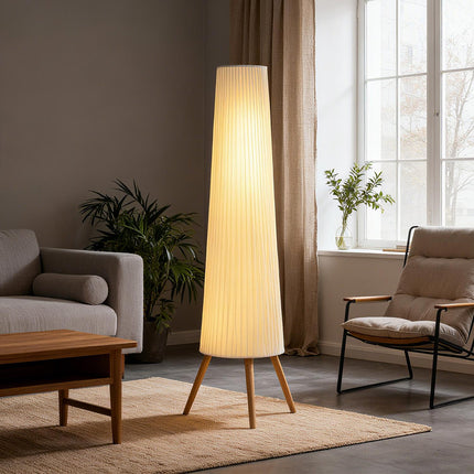 Regulējama LED grīdas lampa, koka statīvs, kājas slēdzis, balta