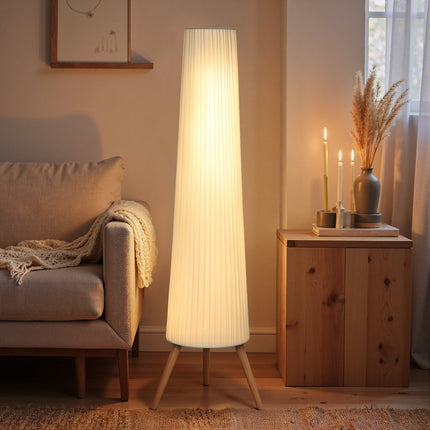 Regulējama LED grīdas lampa, koka statīvs, kājas slēdzis, balta