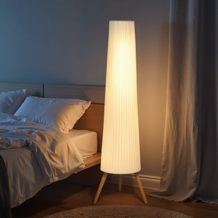 Regulējama LED grīdas lampa, koka statīvs, kājas slēdzis, balta